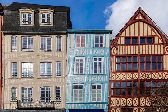ROUEN, NORMANDY, FRANCE - 2025: typical facades of colorful medieval half timbered houses in historic center