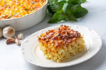 Traditional North American dish. Baked pasta with cheese.