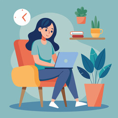 a girl is using his laptop vector