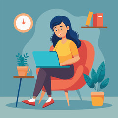 a girl is using his laptop vector