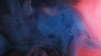 Color explosion smoke. Fluid splash vapor. Blue pink ink cloud sparkling paint fume glowing fog texture on abstract art background.