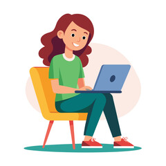 a girl is using his laptop vector