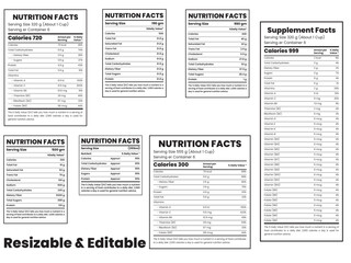 nutrition facts, supplement facts, vitamin facts, nutrition facts label, customizable vector design