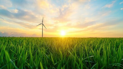 Windmill at sunset over green field.  Possible use Stock photo for environmental awareness campaigns