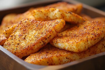 Delicious Crispy Seasoned Fish Fillets in Wooden Bowl Close Up