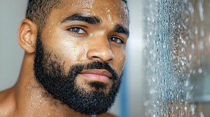 Man showering, clean skin, close-up, bathroom background, skincare ad