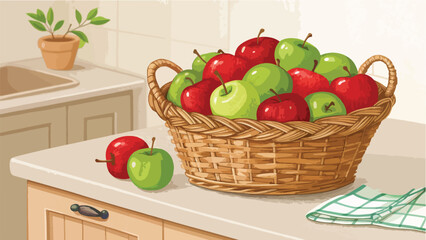 Apples in wicker basket on table in kitchen vector design, Red Apple Illustration vector design