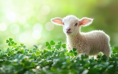 Obraz premium Cheerful baby lamb standing in a meadow full of shamrocks on a light green background Saint Patrick Day