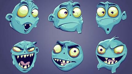 Fototapeta premium Set of square monster face for player avatar in game. Cartoon emotion expression on stickers in vector. Funny alien character clipart collection with happy, angry and upset or sad mood, eyes and brows