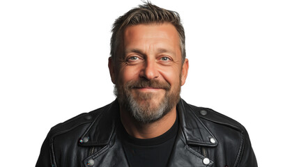 a portrait of a man with a beard in a leather jacket smiling.
