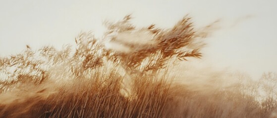 Swaying golden reeds set against a pale sky, capture the dynamic dance of nature's elements in motion.