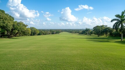 Obraz premium Lush green golf course fairway, sunny day, tropical trees, distant landscape