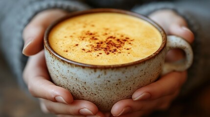 Warm hands hold a spiced turmeric latte