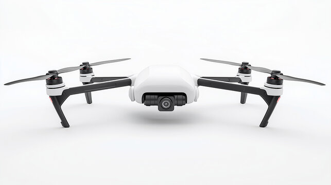 White quadcopter drone hovering with camera facing forward