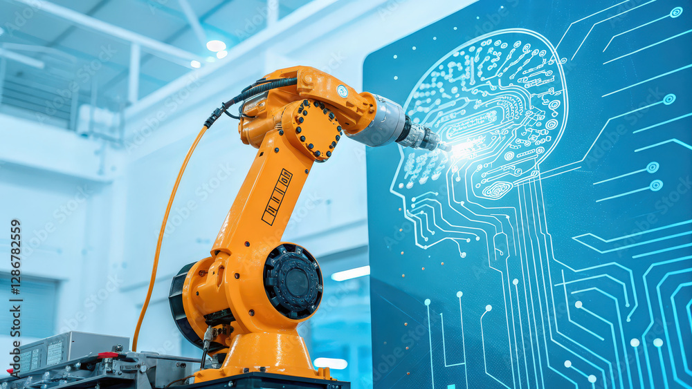 Poster automated ai algorithms, robotic arm interacting with digital human brain illustration in a modern i