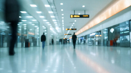People walking in a blurred modern airport or mall corridor