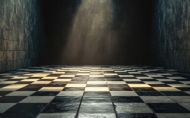An empty dark room is the backdrop for a 3D render that includes a chess board, geometrical shapes, and a showcase platform mockup, all set against an abstract background and lit by a white ceiling