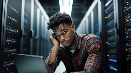 Close-up of stressed technician in overloaded data center room