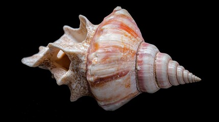 Close up seashell on black background, showcasing intricate design and colors. Possible use Nature photography, scientific study