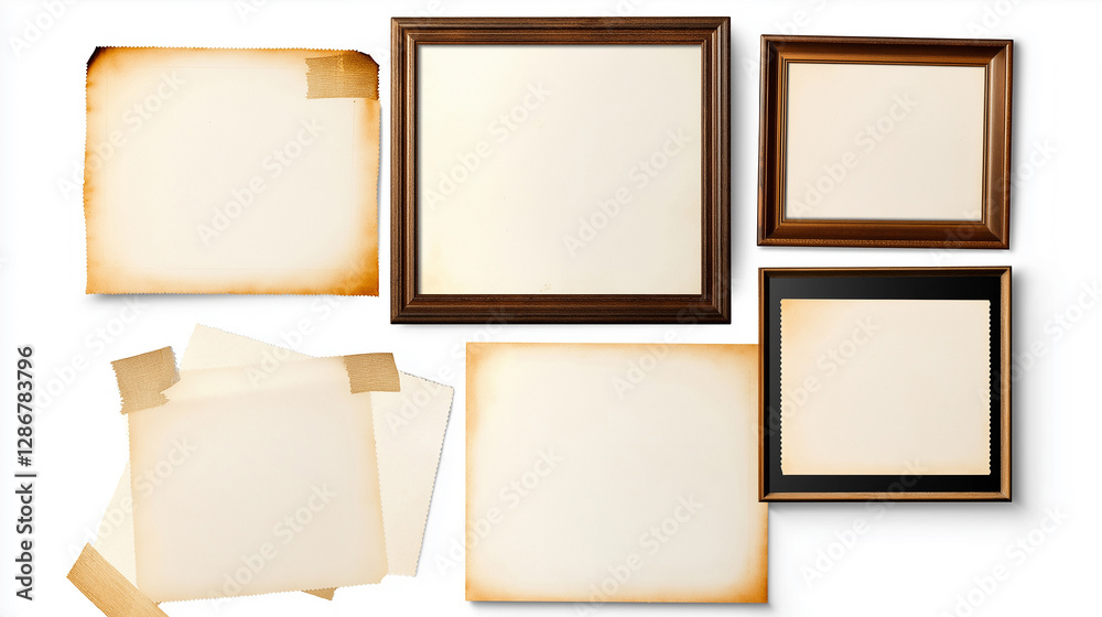 Poster Empty frames and aged papers creating a vintage mockup on white background