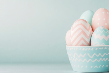 Fototapeta premium Pastel easter eggs in decorative bowl - perfect for holiday celebrations and spring decor