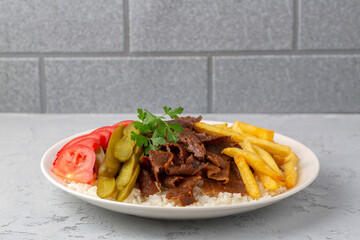 Meat doner menu, iskender menu on plate, turkish special meat doner, food, special menu (Turkish...