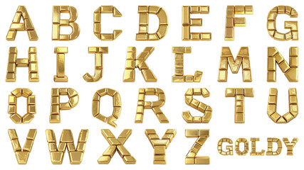 Lettres de l'alphabet en 3D en lingots d'or brillants sur fond transparent
