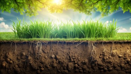 A lush green lawn with visible soil and roots underneath, showcasing the natural beauty of underground growth