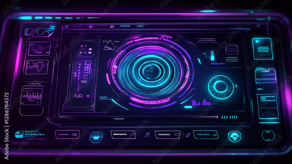 Poster Futuristic hud showing rotating camera lens with charts and data analysis in neon colors