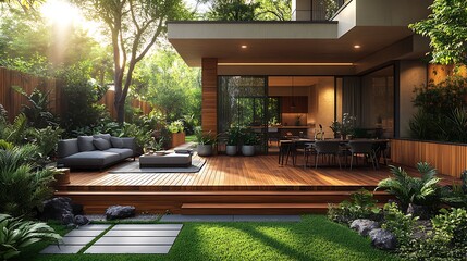 Fototapeta premium Modern house with a cozy outdoor deck high resolution hd photo