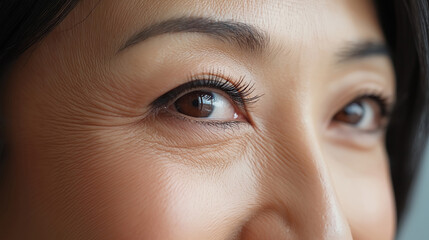 Fototapeta premium Mature asian woman showing wrinkles around eyes while looking away