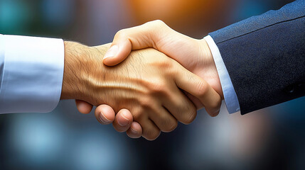Two businessmen shaking hands on blurred background