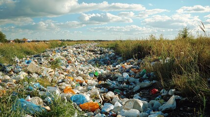 Obraz premium Pollution and waste management for health, A polluted landscape cluttered with various types of waste and plastic debris under a cloudy sky, highlighting environmental issues.