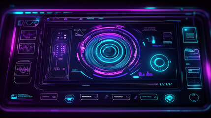 Futuristic hud showing rotating camera lens with charts and data analysis in neon colors