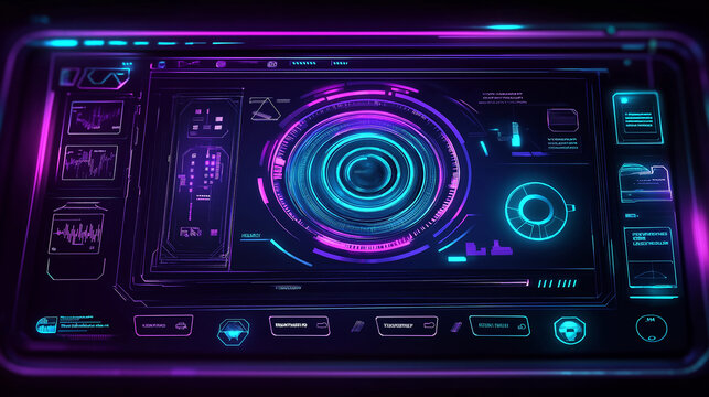 Futuristic hud showing rotating camera lens with charts and data analysis in neon colors