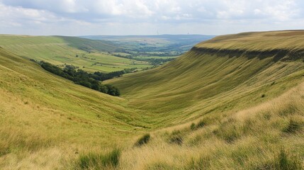 Naklejka premium Serene Green Valley Landscape with Rolling Hills and Dramatic Sky in Scenic Nature Setting