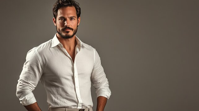 Portrait of a stylish man in a shirt and trousers on an isolated background, business casual wear