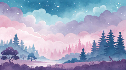 Fototapeta premium Fantasy watercolor background in pink, purple, and blue shades.