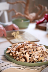 top view of sliced mushrooms in a plate