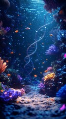 Fototapeta premium Poetic underwater depiction of DNA strand glowing softly among coral reef intricate molecular detail natural bioluminescent lighting photo realistic texture cinematic depth perfect alignment ultra