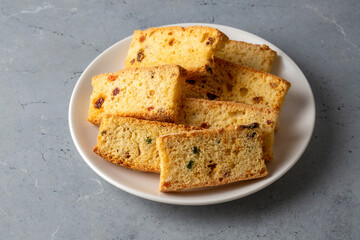 Stack of Baked Crispy Bread Slices with Dried Fruit Raisins Called Thessaloniki (Selanik) Greek Peksimet. Turkish name; Selanik gevregi - Thessaloniki biscuit
