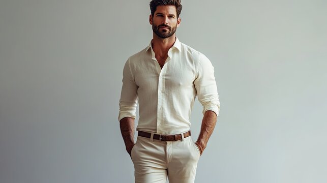 Portrait of a stylish man in a shirt and trousers on an isolated background, business casual wear