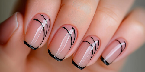 Woman showing modern french manicure with black lines design