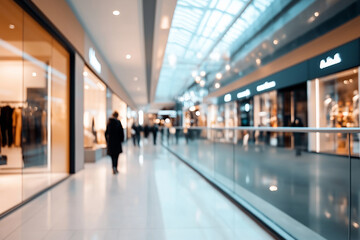 People walking in a blurred shopping mall with clothing stores