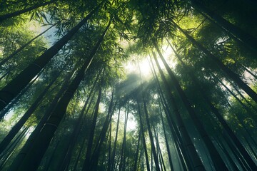 Obraz premium Towering bamboo forest, sunlight filtering through canopy, lush green foliage, mystical atmosphere, looking upward perspective, ethereal glow, dense grove, vertical composition, natural wonder.