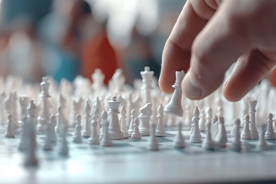 The movement of a chess piece by a businessman's hand in a competitive environment represents leadership, business success, and the ability to attract and retain followers
