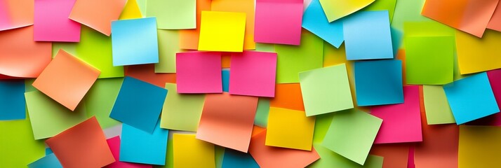 Obraz premium A vibrant and colorful background featuring an array of paper notes in various hues, creating a lively and dynamic design. Perfect for concepts related to creativity, communication, and organization.