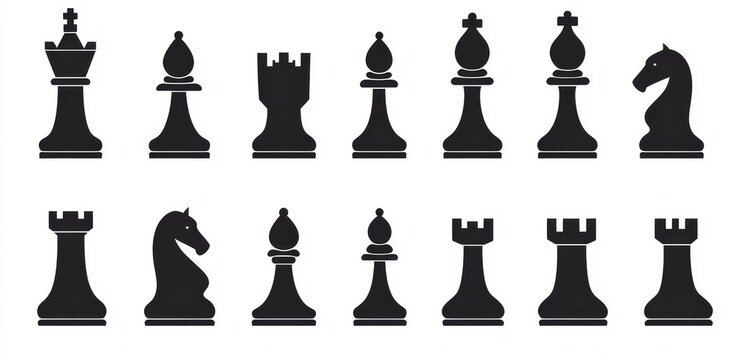 Modern chess games feature silhouette icons of pieces such as kings, queens, bishops, knights, rooks, and pawns, which are elements of a chessboard game enjoyed as a hobby or sport