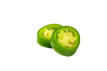 Jalapeno pepper. Green jalapeño pepper on isolated white background. Spicy jalapeno pepper with stem.