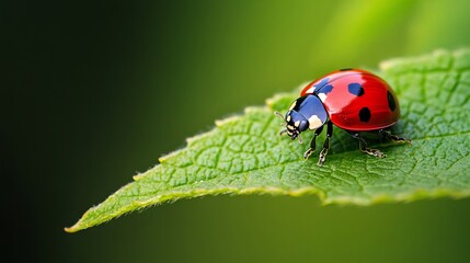 Fototapeta premium Close-up macro shot of a ladybird (ladybug) perched on a green leaf, showcasing its vibrant red shell with black spots. Perfect for nature, insects, and macro photography themes.